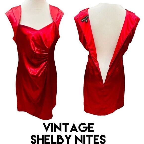 Shelby Nites Vintage Red Sheath Style Sleeveless Satin Midi Dress  With Ruched F - Picture 2 of 16